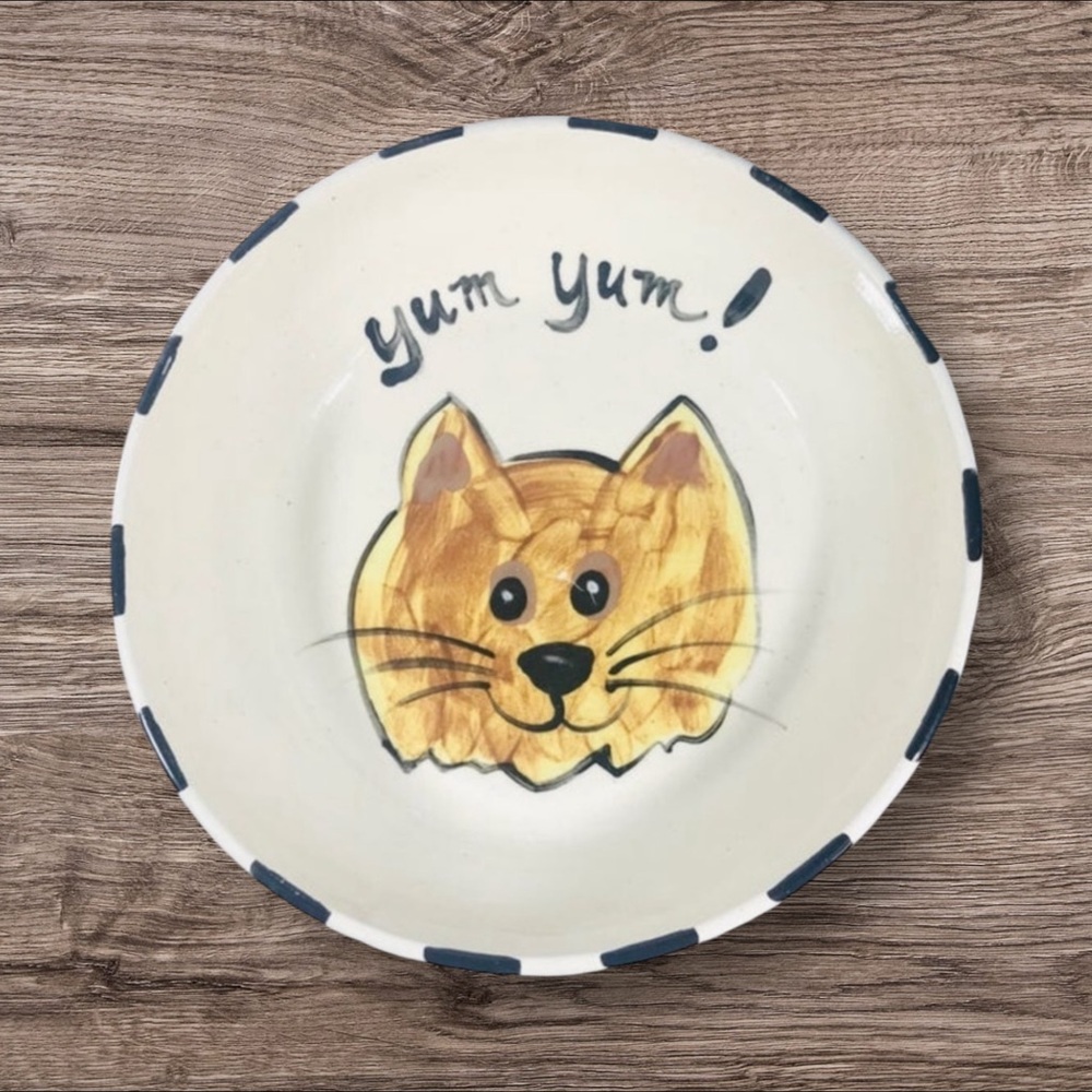 POTTERY BOWL for FAMILY OF CATS/Cat in Center with Black Checked Sides